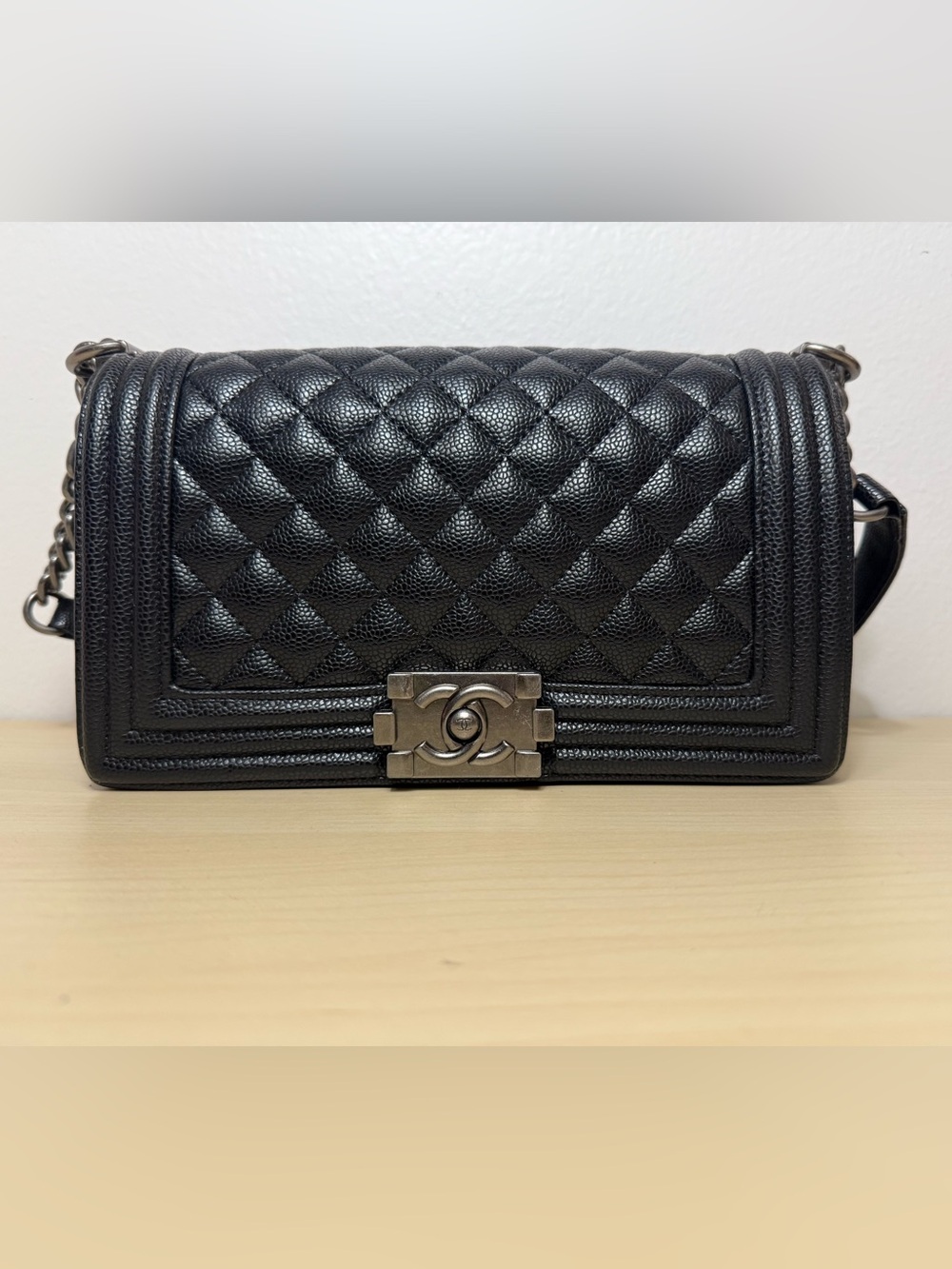 Black Caviar Quilted Leather Shoulder Bag with Silver Hardware